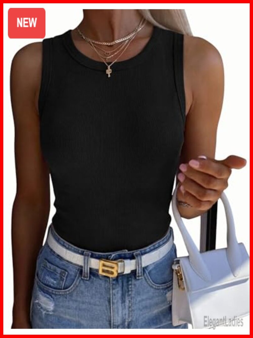 Sleeveless Crewneck Ribbed Tank Top Casual Summer Basic Top